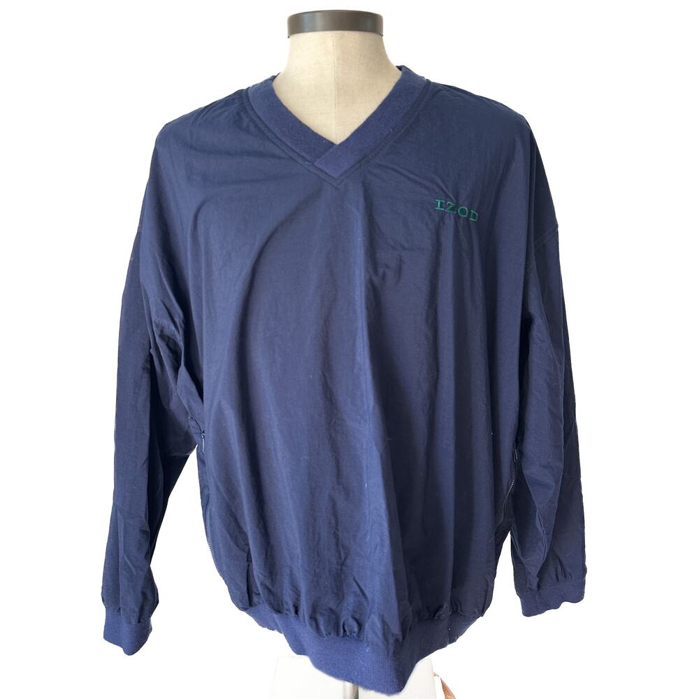 Vintage IZOD Navy V-Neck Windbreaker Pullover Jacket XL Pockets